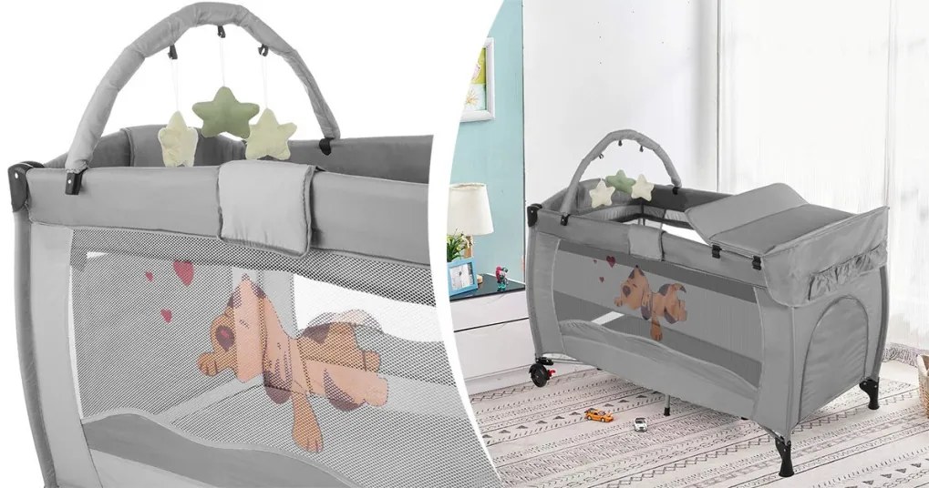 Cestovná postieľka s prebaľovacou podložkou a hracím oblúkom, sivá