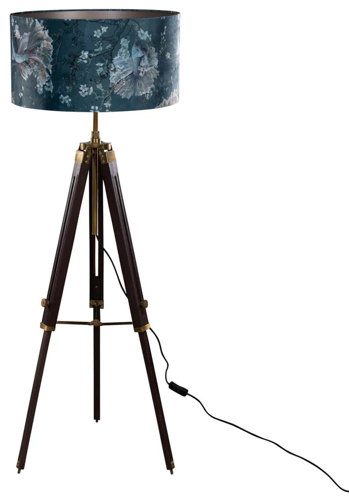 Mosadzná stojaca lampa na trojnožke s plyšovým tienidlom s motívom rýb 50 cm - Cortin