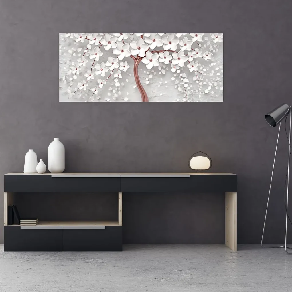 Obraz - Obraz bieleho stromu s kvetinami, rosegold (120x50 cm)