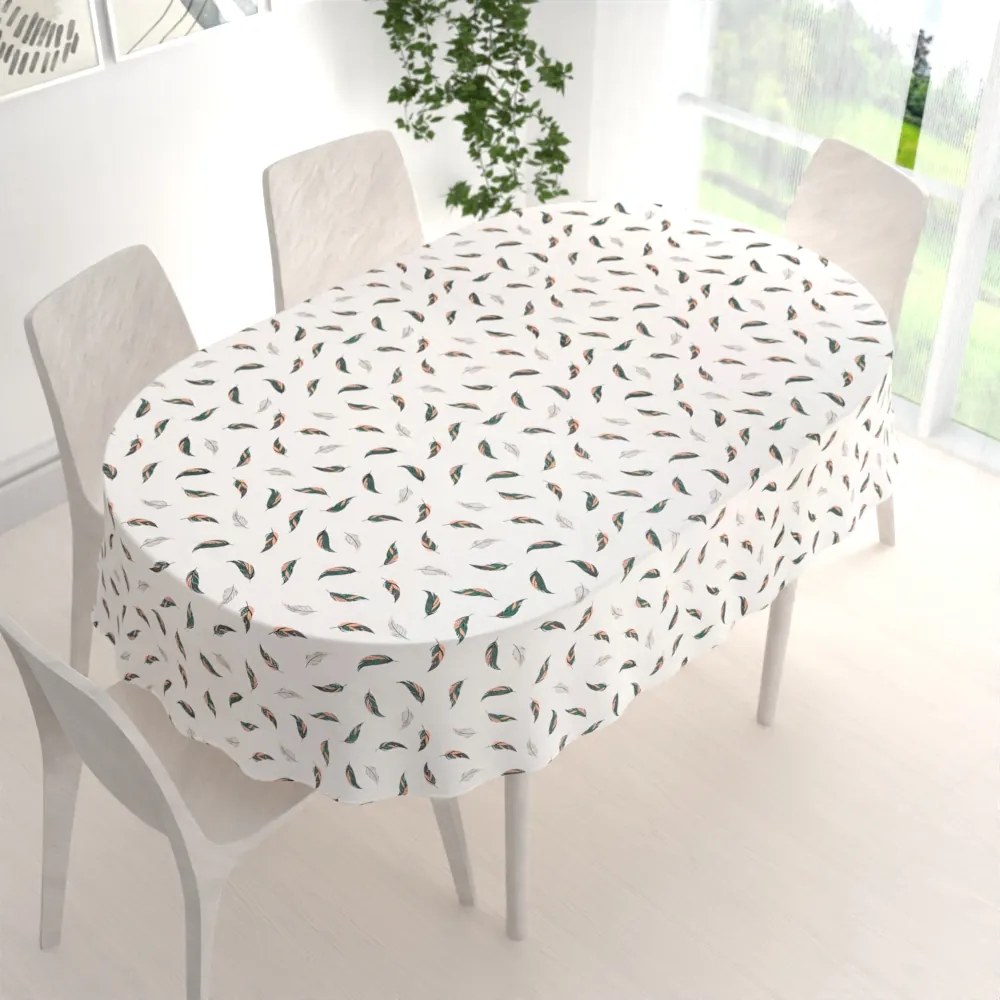 Biante Bavlnený oválny obrus Sandra SA-460 Zeleno-ružové pierka na bielom 120x140 cm