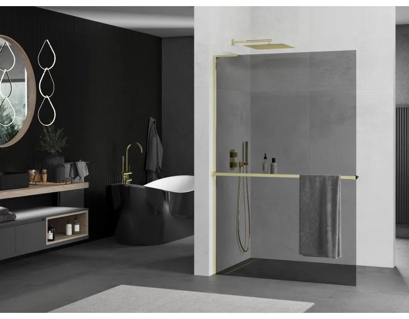 Mexen Kioto+ L, sprchová zástena Walk-In s poličkou a vešiakom 70 x 200 cm, 8mm šedé sklo, zlatý lesklý profil,800-070-123-50-40