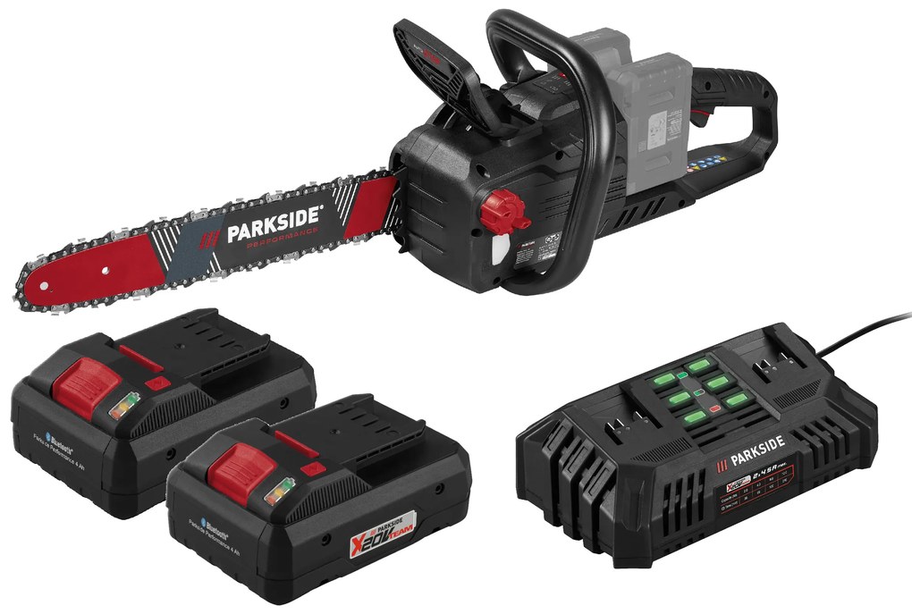 Parkside Performance®  Aku reťazová píla Ppksa 40-Li B2 + Smart akumulátor 20 V/4 Ah, 2 kusy + Dvojitá nabíjačka na akumulátor 20 V/4,5  (800011193)
