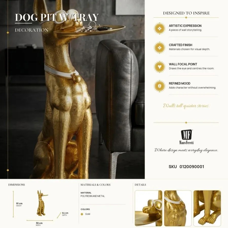Dekoratívna socha Dog Pit s podnosom 91 cm zlatá