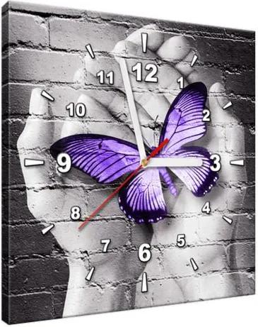 Obraz s hodinami Fialový motýľ na dlaniach 30x30cm ZP2389A_1AI