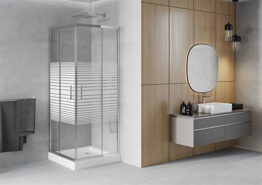 Mexen Rio, štvorcový sprchovací kút s posuvnými dverami 80 x 80 cm, 5mm číre sklo/pásy, chrómový profil + biela vysoká sprchová vanička Rio, 860-080-080-01-20-4510