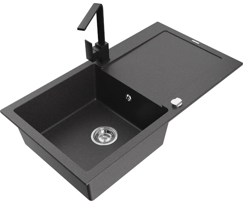 Mexen Leo, drez granitový 900x500x190 mm, 1-komorový, čierna škvrnitá s chrómovým sifónom a čierna drezová batéria Rita, 6501-76-670300-70