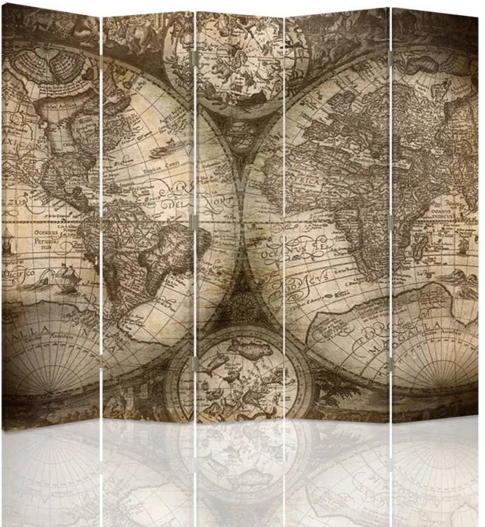CARO Paraván - Antique Map Of The World | päťdielny | jednostranný 180x150 cm