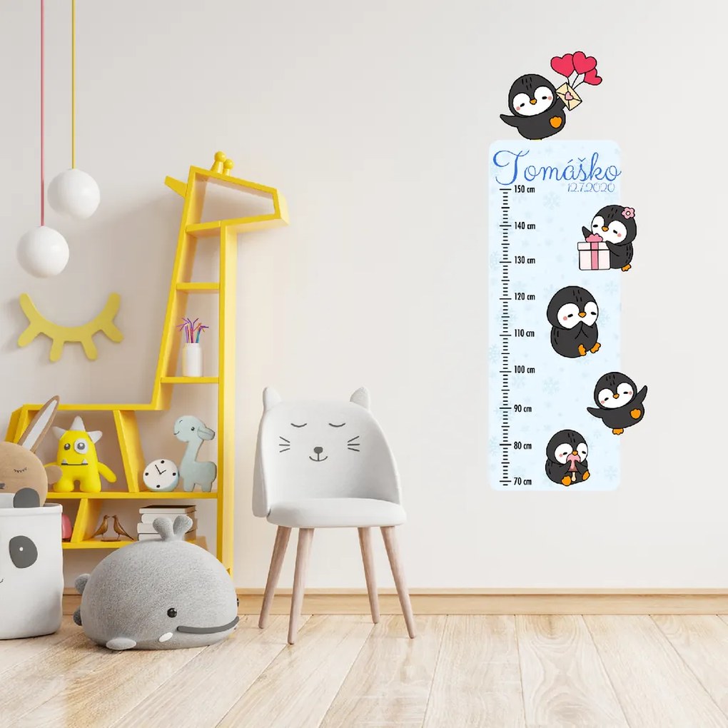 50x120cm Detský meter s menom - Tučniaky 2 - textilná nálepka na stenu