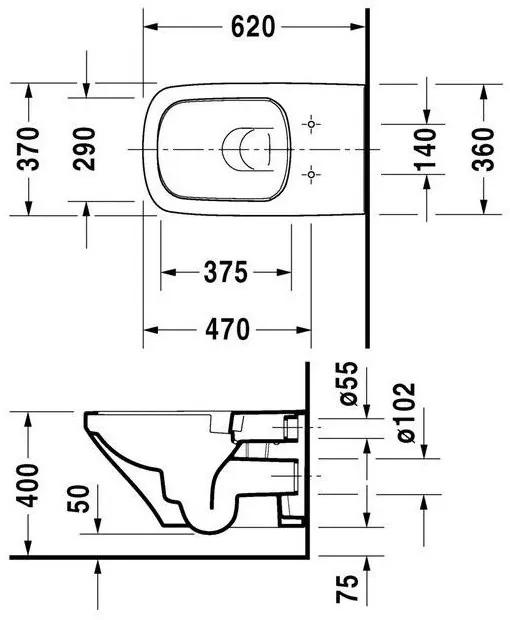 DURAVIT DuraStyle závesné WC Rimless s hlbokým splachovaním, 370 mm x 620 mm, s povrchom WonderGliss, 25420900001