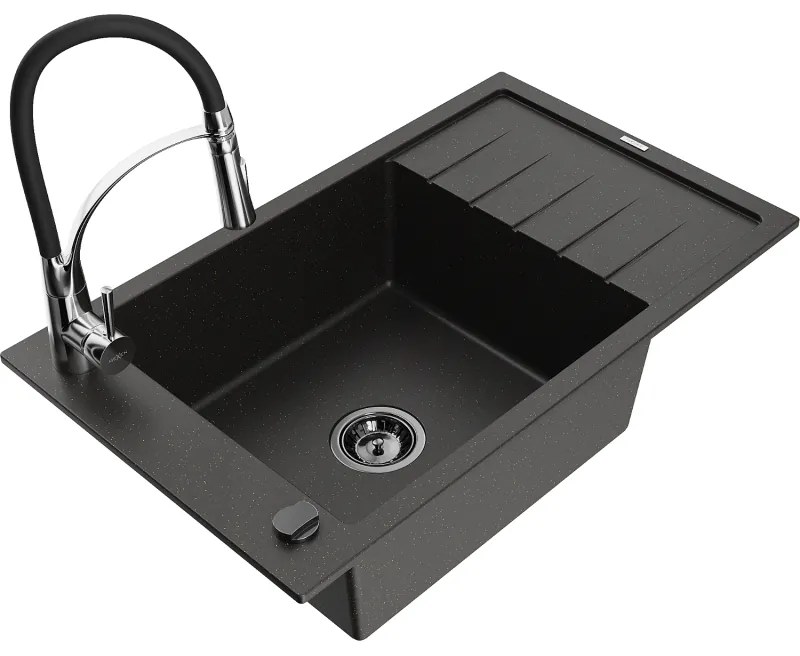 Mexen Elias, 1-komorový granitový drez 795x480x200 mm a drezová batéria Aster, čierna-zlatá metalíza, 6511-75-73450-07-B