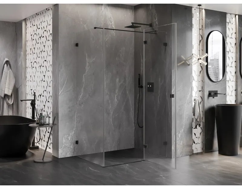 Mexen Lunar T pravostranný výklopný sprchový kút 140 x 80 cm, číre sklo, čierna matná, 834T-140-080-70-00-P