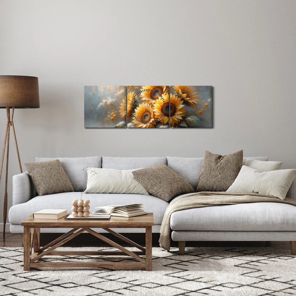 Obraz - Maľba slnečníc (s hodinami) (90x30 cm)