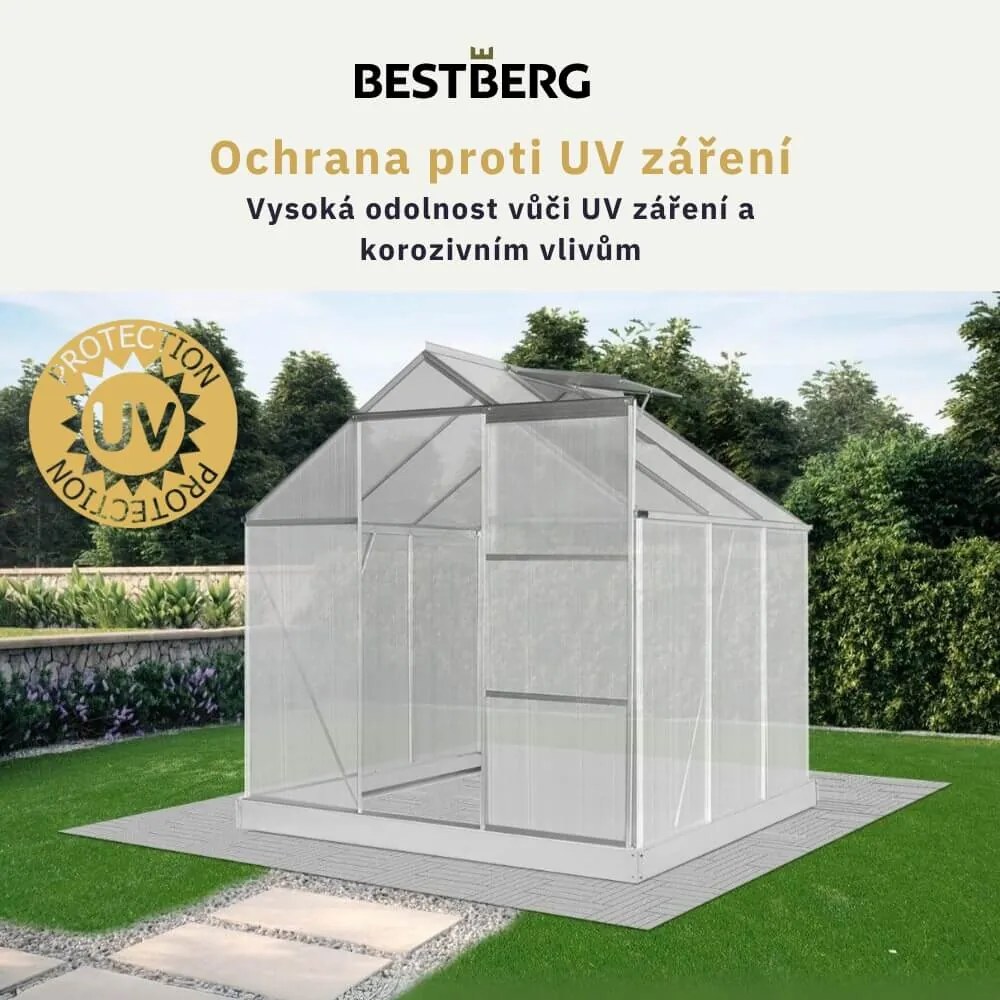 Skleník so základňou BestBerg SBP-4 / 3,6 m² / 190 x 190 x 201 cm / strieborná