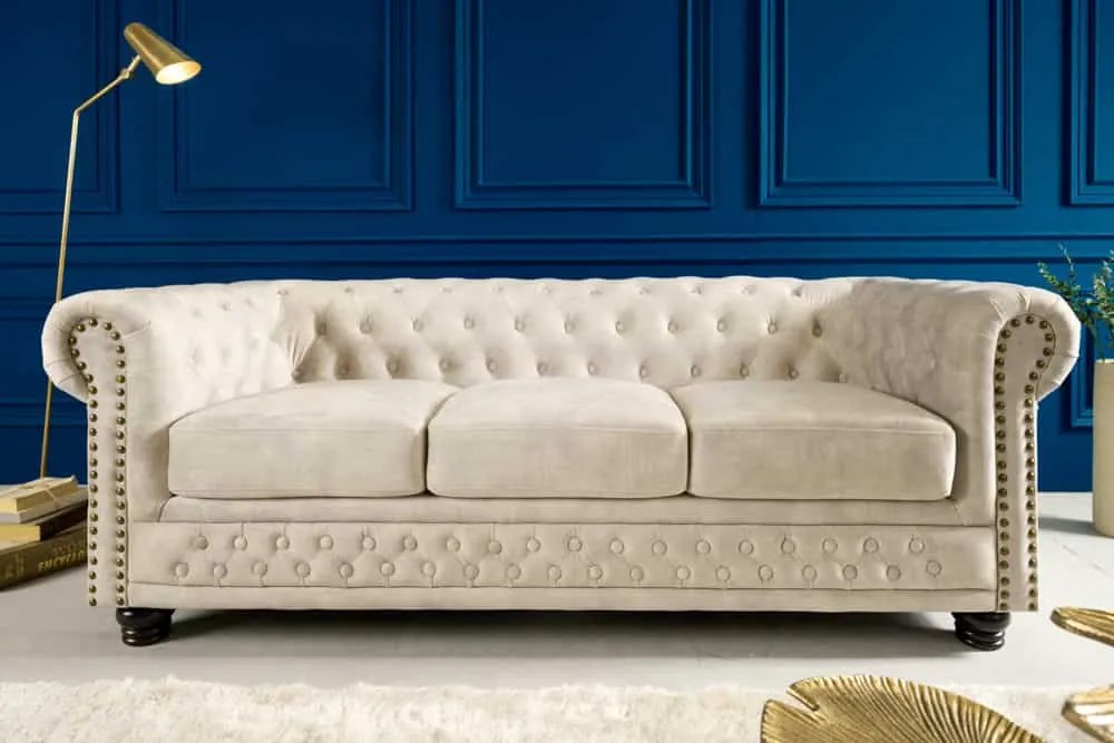 Dizajnová trojsedačka Chesterfield 200 cm šampanský zamat - Skladom na SK