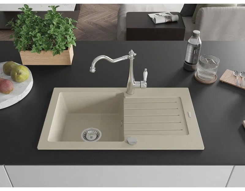 Mexen Pablo, granitový drez 752x436x161 mm, 1-komorový a drezová batéria Carla, béžová, 6510-69-670700-00