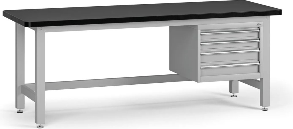 Pracovný stôl do dielne G4 so závesným boxom na náradie, MDF + PVC doska, 4 zásuvky, 2100 x 750 x 800 mm, sivá