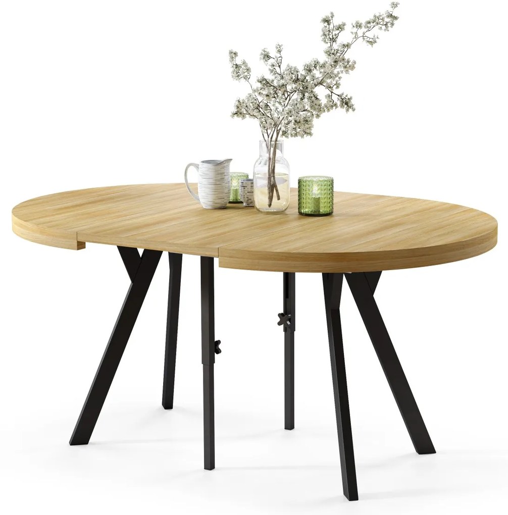 EXPANSO Dub Americký / čierne nohy - VEĽKÝ OKRÚHLY STÔL Ø110 ROZKLADACÍ AŽ DO 310 cm S NOHAMI Y LOFTOVÝ / INDUSTRIÁLNY