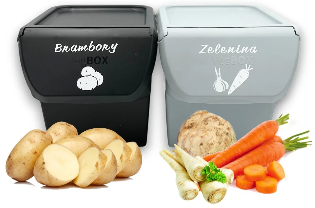 VILDE Sada 2ks úložných boxů VEGBOX na brambory a zeleninu s větráním, VEGBOX černý+šedý (14l )