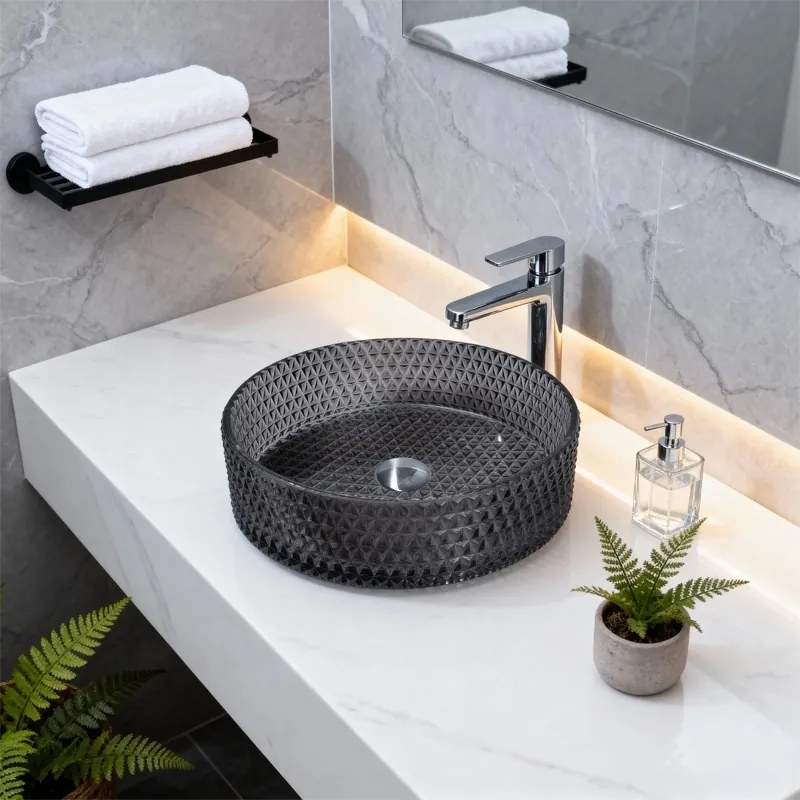 BPS-koupelny Sklenené umývadlo na dosku HYD-BRT1-BL-360 36x12 cm, čierny lesk