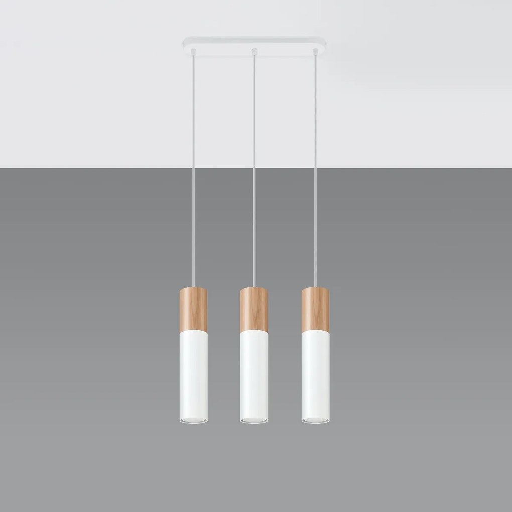 Závesné svietidlo Pablo, 3x drevené/biele kovové tienidlo