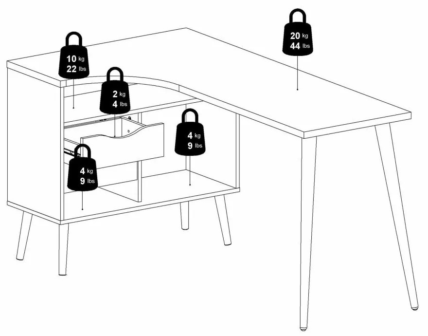 Tvilum Rohový písací stôl OSLO s 2 zásuvkami a doskou v dekore dub