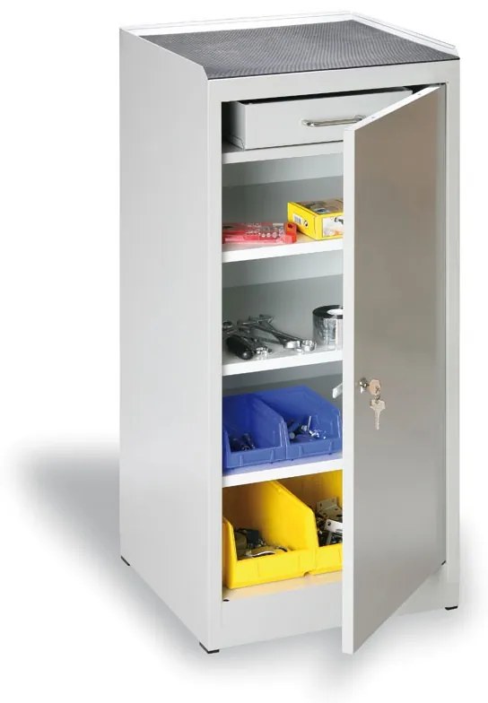 Dielenská policová skrinka na náradie, 3 police, 1 zásuvka, 450 x 450 x 1020 mm, modré dvere