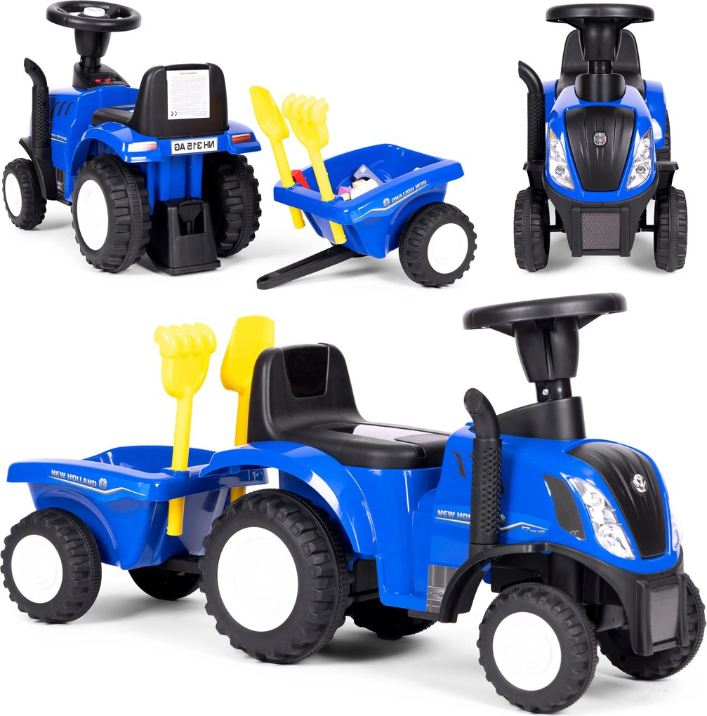 MULTISTORE Jazdík traktor New Holland s odpojiteľnou príveskou, interaktívny volant, modrý