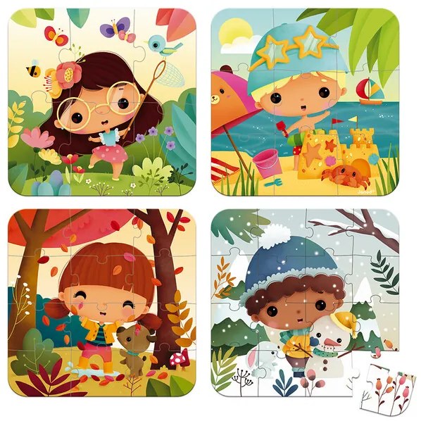 Janod Puzzle 4v1 v kufríku Ročné obdobia 6-9-12-16 ks