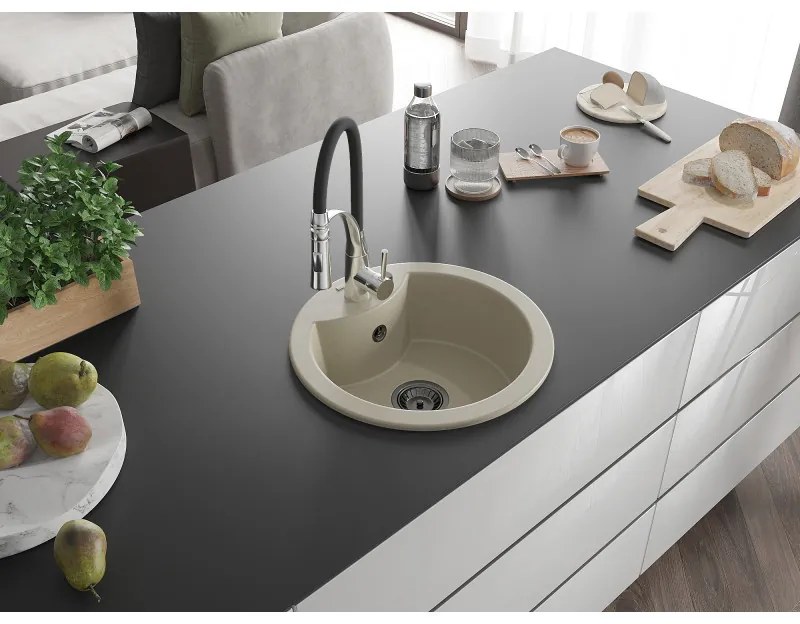 Mexen Diego, 1-komorový granitový drez 488x488x167 mm a drezová batéria Aster, béžová, 6512-69-73450-07-B