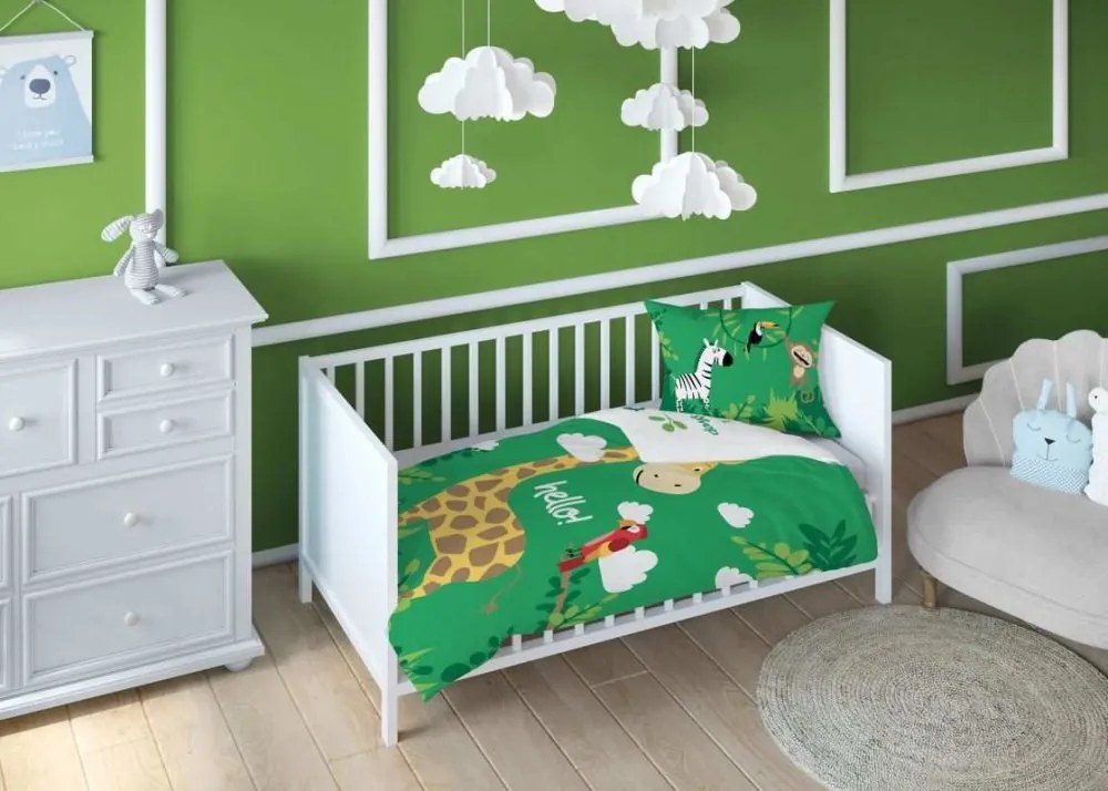 Bavlnené obliečky do postieľky Džungľa Green 100x135/40x60