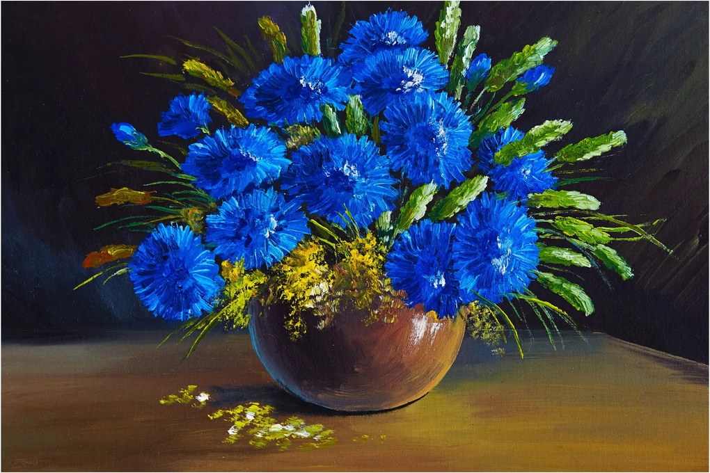 Obraz modrých kvetov vo váze (90x60 cm)