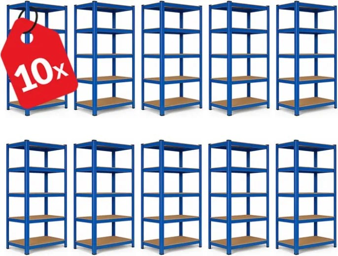 Akcia 10x Regál 180x90x40 cm lakovaný 5-policový, nosnosť 875 kg - modrý