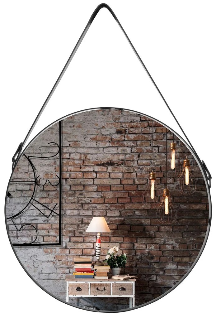 Tutumi, okrúhle zrkadlo na koženej páske 70 cm CFZL-MR070, čierna, HOM-09801