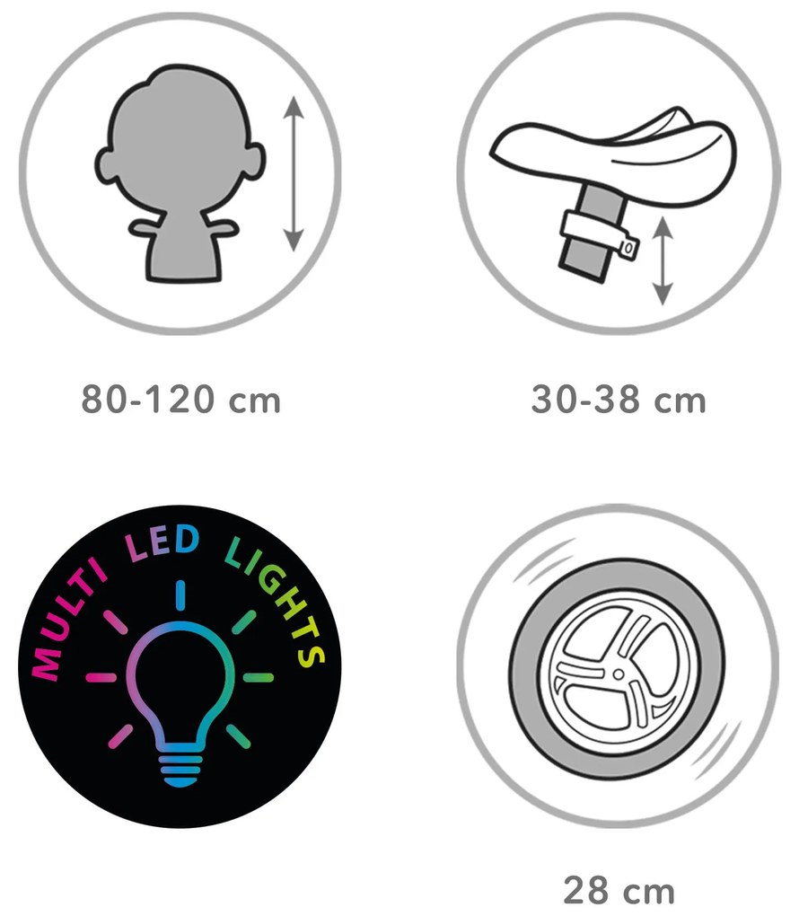 Kidwell Rebel LED balančný bicykel pre deti – LED ráfiky, EVA kolesá 28 cm, bez batérií