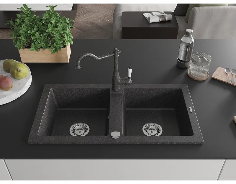 Mexen Mario, granitový drez 820x436x161 mm, 2-komorový a drezová batéria Carla, čierna škvrnitá, 6504-76-670700-76