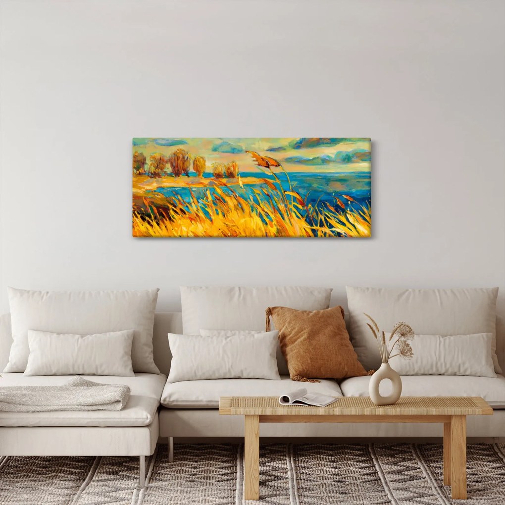 Obraz - Západajúce slnko nad jazerom, akrylová maľba (120x50 cm)
