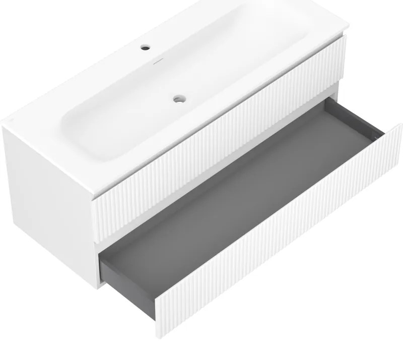 Mexen Rivel, kúpeľňová skrinka 120 cm s umývadlom Vela, 2 zásuvky, drážkovaná, biela matná, 91A20-12047-2-BFF01-W23M01