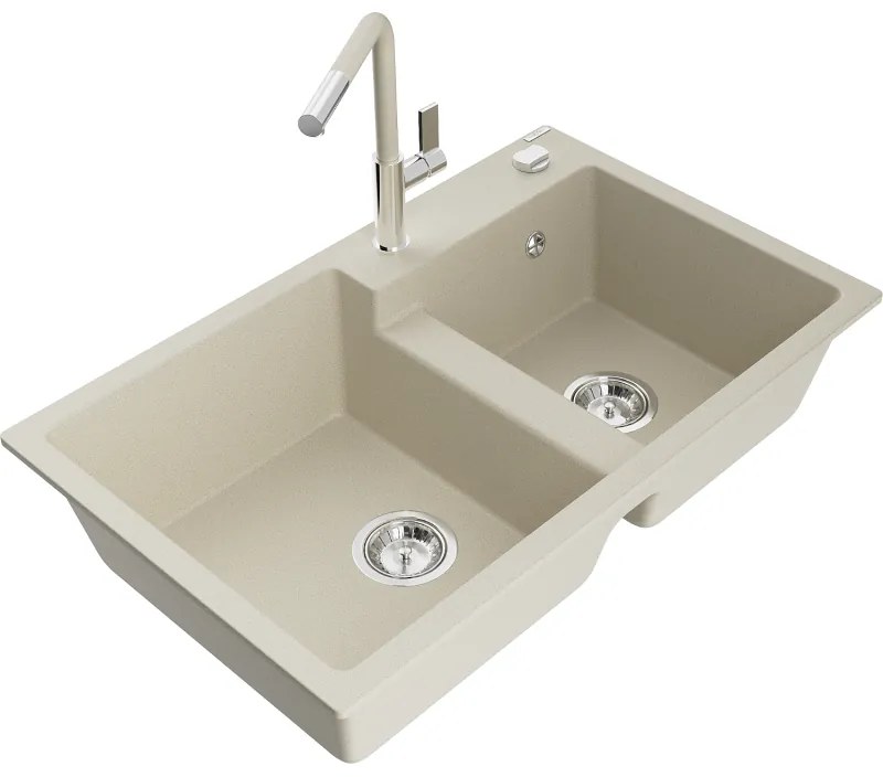 Mexen Tomas, 2-komorový granitový drez 800x500x190 mm a drezová batéria Flora, béžová, 6516-69-670401-09