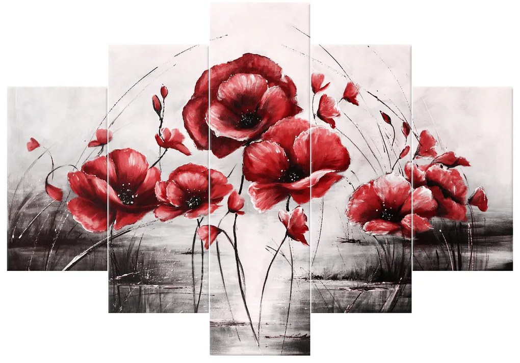 Gario Ručne maľovaný obraz Červené Vlčie maky - 5 dielny Rozmery: 150 x 70 cm