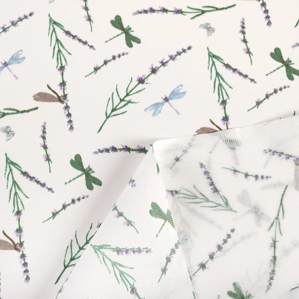 Biante Bavlnený záves Sandra SA-560 Vážky a levandule na bielom 150x220 cm