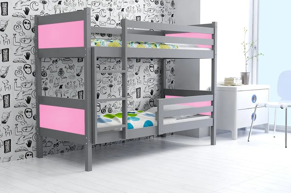 Poschodová posteľ RINO 200x90cm - Grafitová - Ružová (BEZ zásuvky)