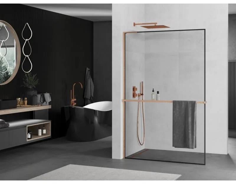 Mexen Kioto+ L, sprchová zástena Walk-In s poličkou a vešiakom 70 x 200 cm, 8mm číre sklo čierny vzor, medený matný profil, 800-070-123-65-70