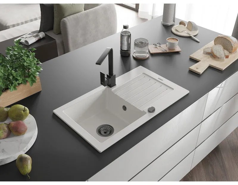 Mexen Pablo, granitový drez 752x436x161 mm, 1-komorový a čierna batéria Rita, biela, 6510-20-670300-70