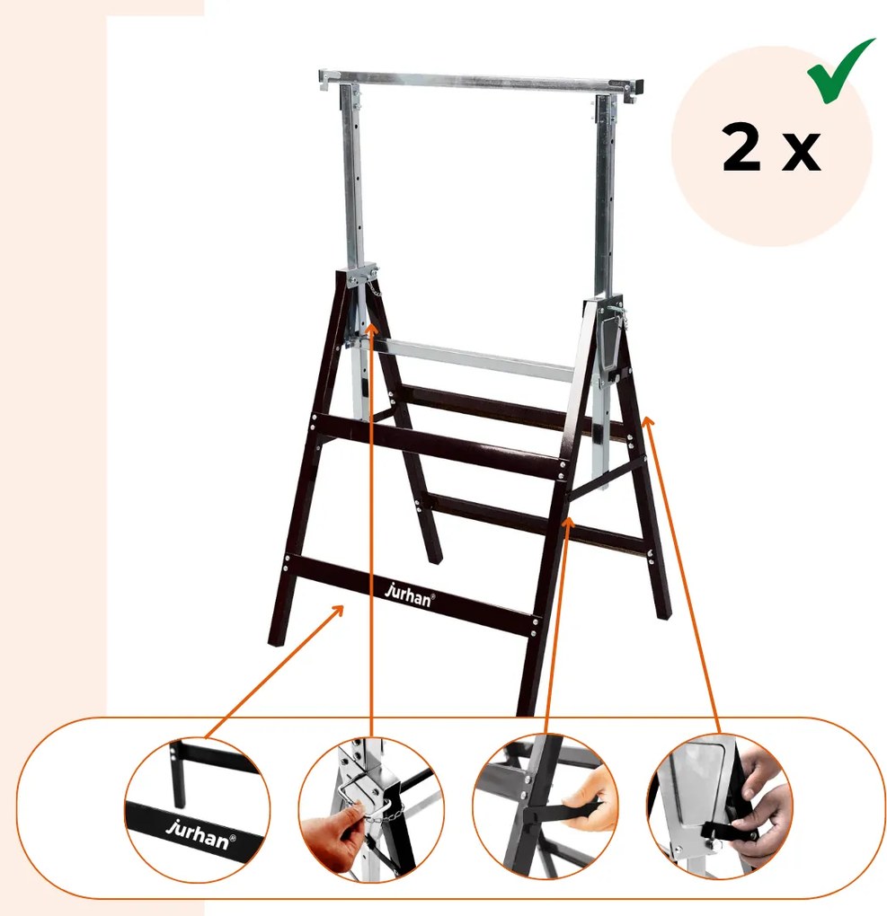 Teleskopické lešenárske kozy DANNY, sada 2 ks, max. 200 kg, 60 x 56 x 81-130cm, strieborná/čierna Jurhan