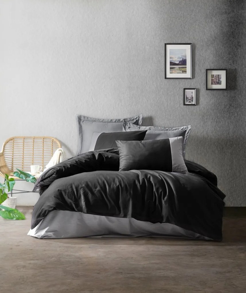 Bavlněné povlečení na dvoulůžko s prostěradlem Plainy 200x220 cm černo-šedé