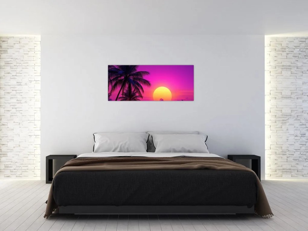 Obraz - Fialový západ s palmou (120x50 cm)