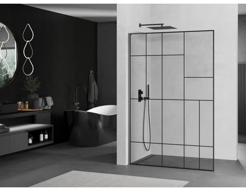 Mexen Kioto L, sprchová zástena Walk-In 100 x 200 cm, 8mm číre sklo čierny vzor, grafitový profil, 800-100-103-95-78