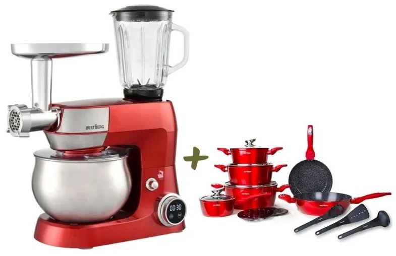 MEGAKOMBO Multifunkčný kuchynský robot BestBerg BBR-1900R + 15dielna sada riadu s mramorovým povrchom BestBerg BBN-1015R / červená