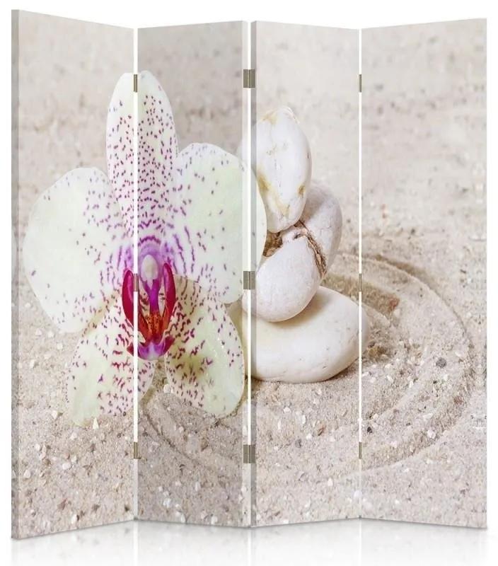 Ozdobný paraván Béžové zenové květiny - 145x170 cm, štvordielny, klasický paraván