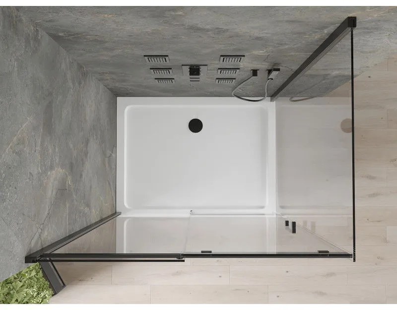Mexen Omega, sprchovací kút s posuvnými dverami 100 (dvere) x 90 (stena) cm, 8mm číre sklo, čierny profil + slim sprchová vanička biela s čiernym sifónom, 825-100-090-70-00-4010B